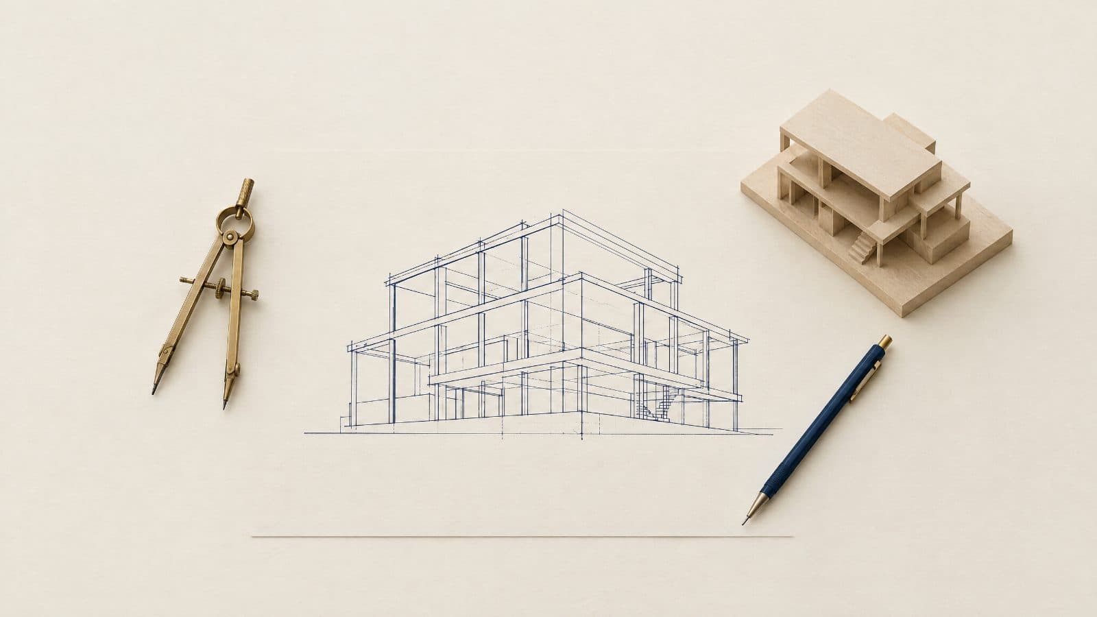 Drafting table with an architectural line drawing, a compass and a scale model: thinking in structure.