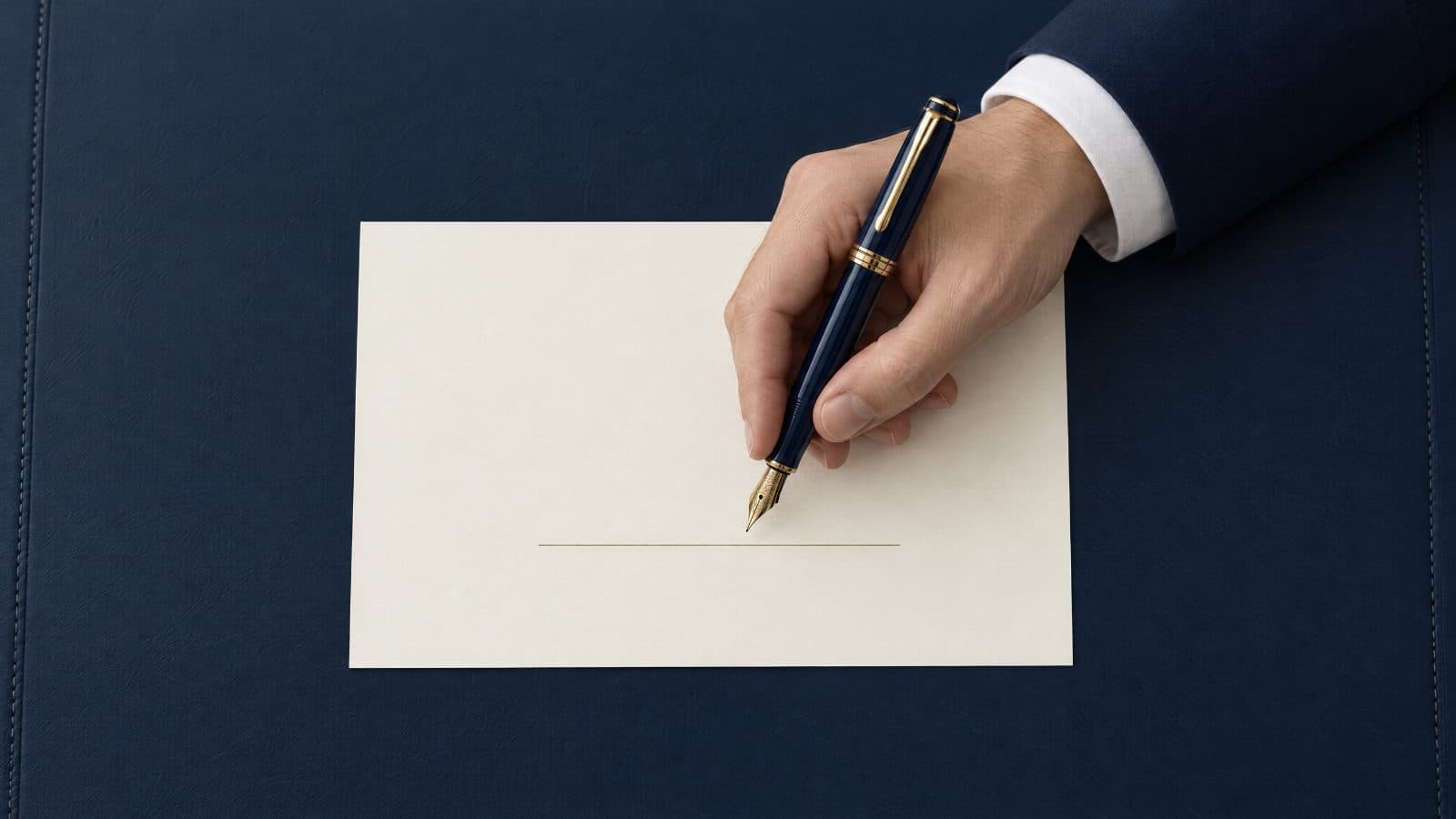 A hand signing with a fountain pen: the AI proposes, a human decides.