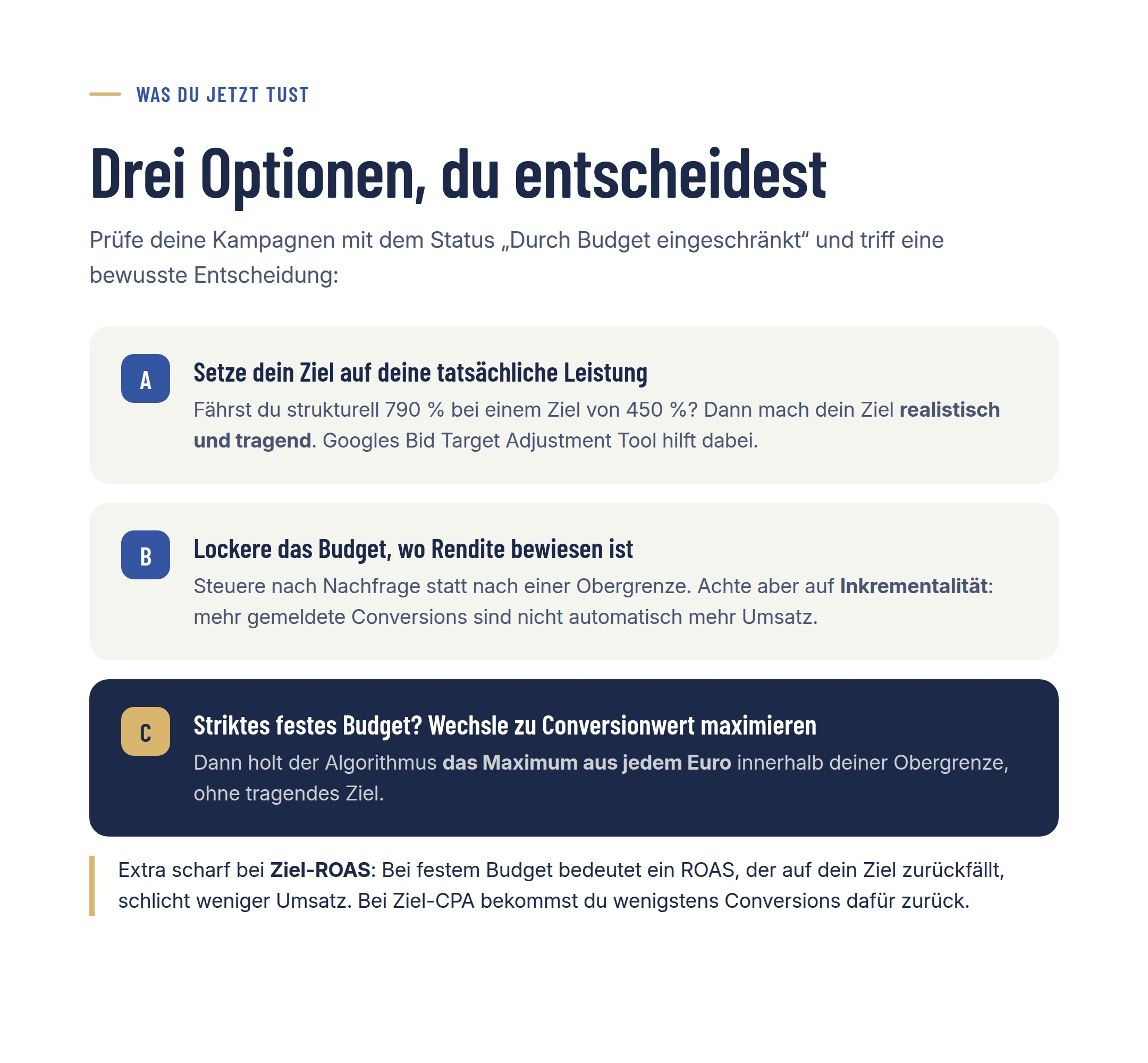 Drei Optionen: Ziele schärfen, Budget lockern oder auf Conversionwert maximieren umsteigen