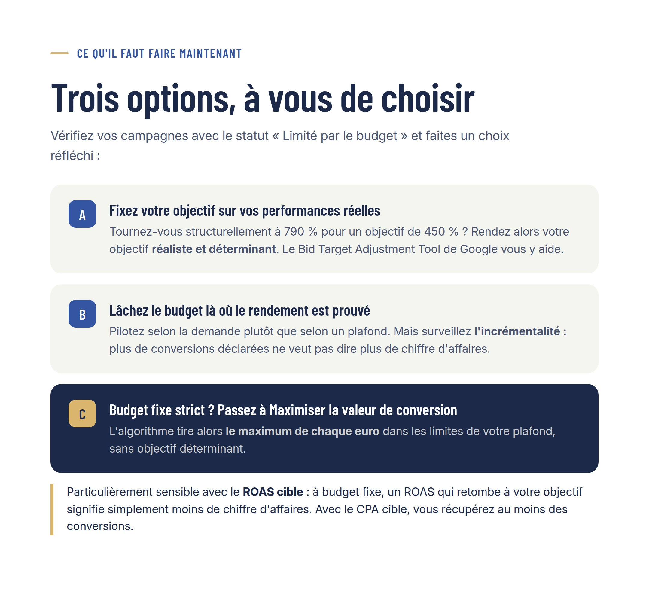 Trois options : resserrer les objectifs, lâcher le budget ou passer à Maximiser la valeur de conversion