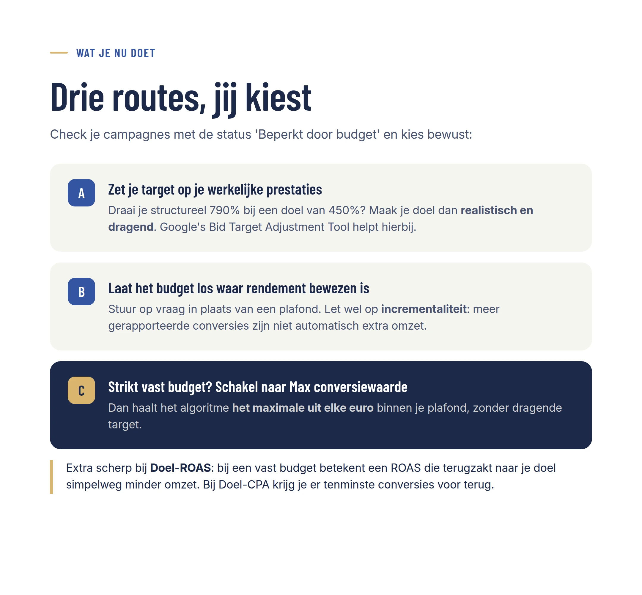 Drie routes: targets aanscherpen, budget loslaten of overstappen naar Max conversiewaarde